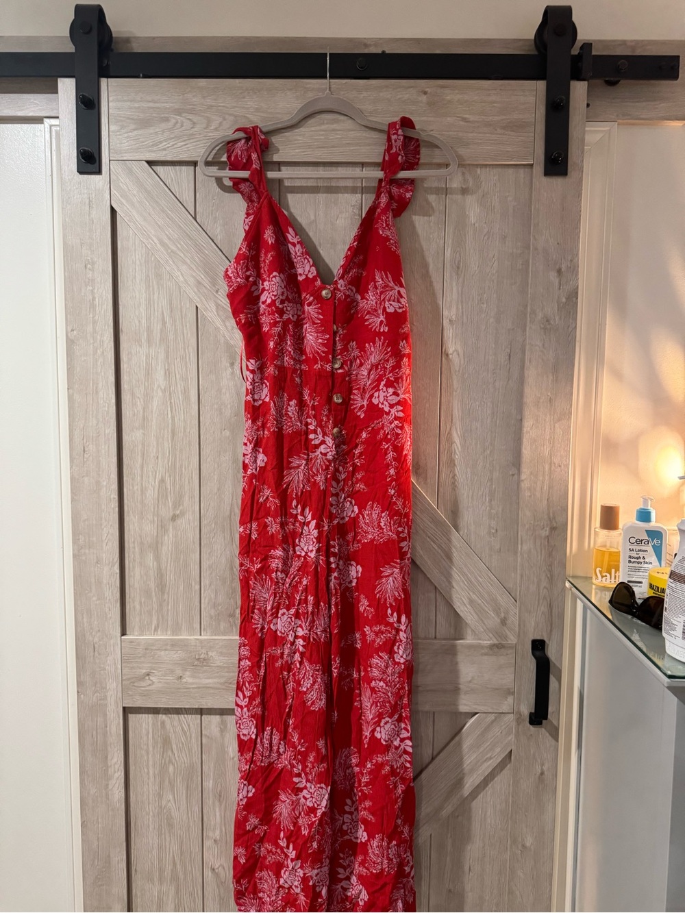 Free People Red Floral Button-Front Maxi Jumpsuit
